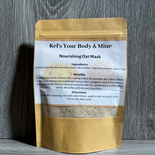 Kel's Your Body & Mine Nourishing Oat Mask – A soothing blend of colloidal oatmeal, niacinamide, goat’s milk, calendula, and kaolin clay to hydrate, calm, and restore skin for a soft, radiant glow.