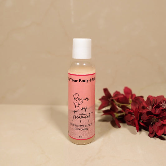 Kel's Your Body & Mine Razor Bump Treatment for Women – A soothing and effective solution designed to calm irritation, reduce razor bumps, and smooth the skin after shaving. Perfect for sensitive areas, leaving skin soft and bump-free.